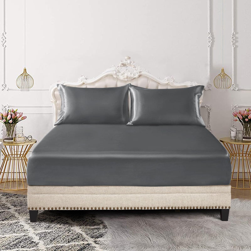 SiinvdaBZX 3-Piece Set Satin Queen Fitted Sheet & 2 Pillowcase  Grey Silky Soft Fitted Bottom Sheet  Wrinkle Free  Fade Resistant  Deep Pocket Bed Sheet (Deep Up to 15"") - Image 2